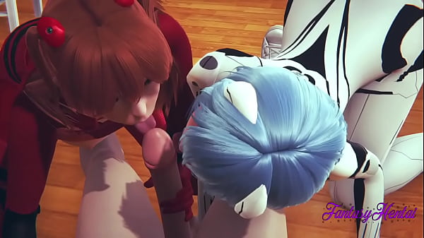 Evangelion Hentai 3D – Dreier mit Shinji, Asuka und Rei in Shinjis Zimmer. Sie lutschen Shinjis Schwanz, bis er ihr in den Mund spritzt, dann isst er ihre Muschi und fickt sie