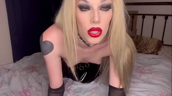 Blonde TS Babe Eris Jolie Jerks Off in Red Lipstick &amp_ Fishnets